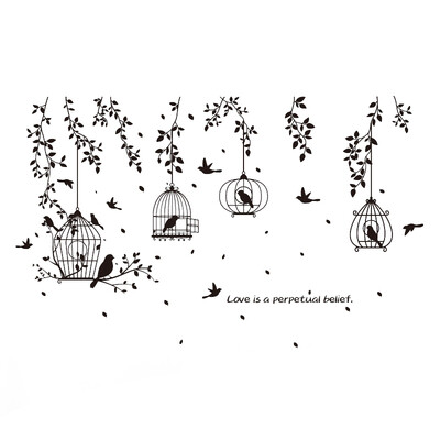 

Black Birds Cage Tree Branches Leaves Silhouette Wall Stickers Vinyl DIY Decor