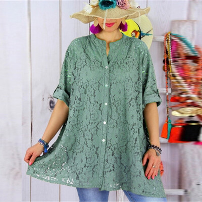 

Starmoon Women Fashion Summer V Neck Solid Lace Shirt Buttoned Loose Blouse Top