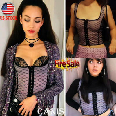 

Fashion Women Casual Sleeveless Vest Tank Tops Polka Dot Mesh T Shirt Blouse US