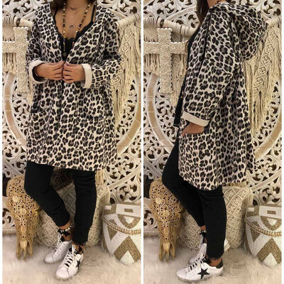 

Women Leopard Print Hooded Long Coat Loose Jacket Autumn Cardigan Hoodies Outwear Tops