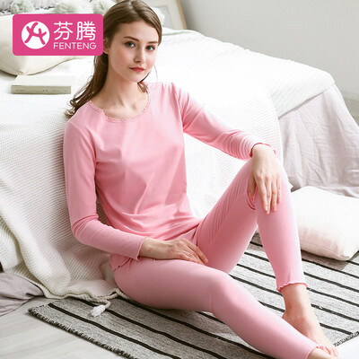 

Fenton underwear ladies thermal underwear solid color casual round neck pullover pajamas set J97309019 shrimp powder M