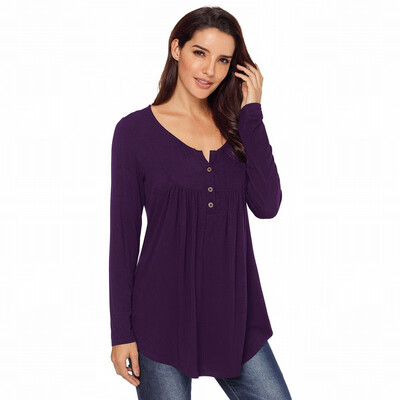 

Solid color V-neck button long-sleeved womens T-shirt casual slimming shirt