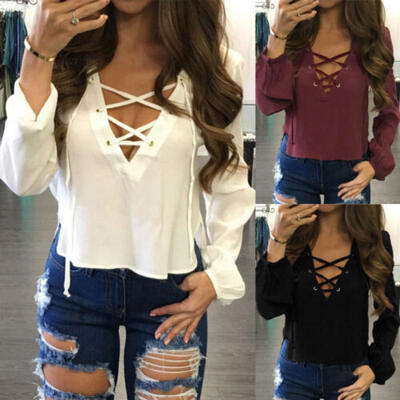 

US Fashion Women Ladies Long Sleeve Loose Blouse Summer V Neck Casual Shirt Tops