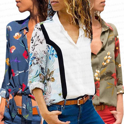 

Fashion Women Loose Long Sleeve Floral Tops Solid Casual Blouse T-Shirt SMLXLXXL