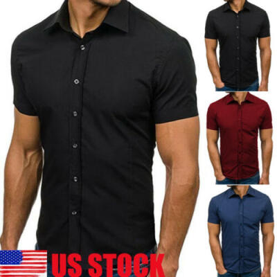 

Mens Short Sleeve Button Down T-shirt Tops Slim Fit Casual Dress Stylish Shirts