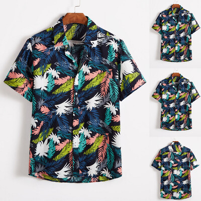 

Toponeto Mens Multi Color Lump Chest Button Short Sleeve Round Hem Loose Shirts Blouse