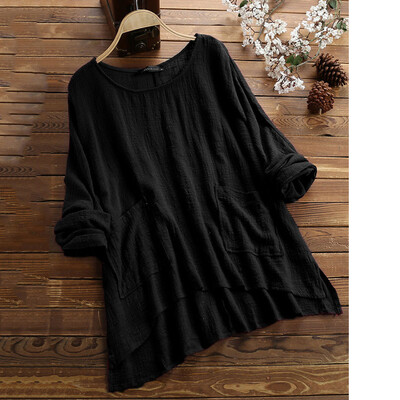 

Starmoon Womens Large Size Shirt Retro Solid Color Irregular Pocket Shirt