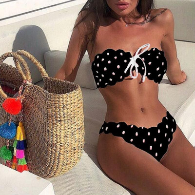 

Women Two Pieces Swimsuit Polka Dots Scalloped Lace up Bikini Set Bathing Swimwear