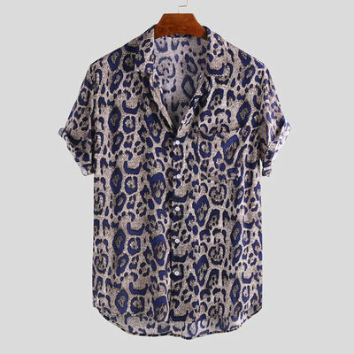 Mens Slim Fit Leopard Printed Shirts Short Sleeve Casual Beach Blouse Tops Tees