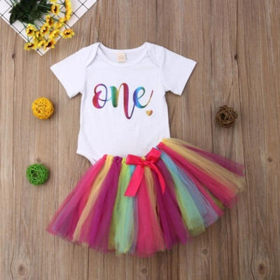 

Newest Fashion 2Pcs Newborn Baby Girls Birthday Romper Bodysuit Rainbow Skirt Tutu Dress Outfit