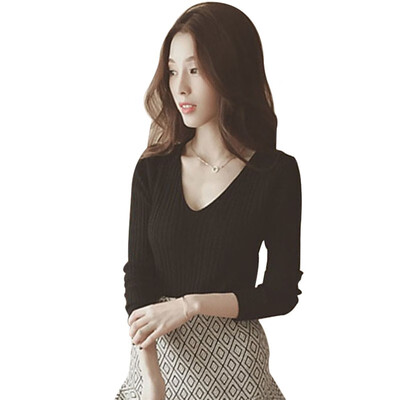 

Autumn Women Long Sleeve V Neck T-shirt Slim Fitting Knitted Sweater Shirt