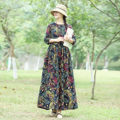 

Vintage Women Autumn Floral Print Cotton Linen Dress O Neck Three Quarter Sleeve High Waist Pleated Pocket Loose Maxi Dress