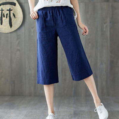

Tailored Trendy Women Loose Pants Casual Pocket Cotton Linen Pants Calf-length Trouser