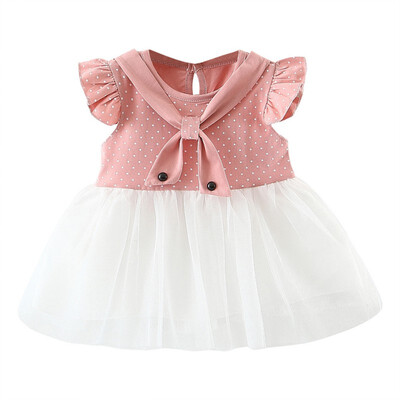 

Children Summer Girls Dress Print Bow Cute Mesh Stitching Bottoming Short Sleeve Sweet Princess Dress