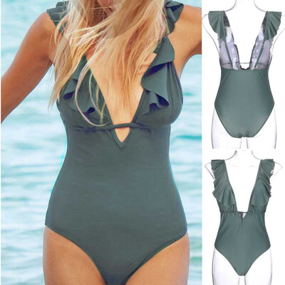 

Roseonmyhand Women V-Neck Solid Volor Jumpsuit Push-Up Beach Bandage Bikini One Piece Swimwe