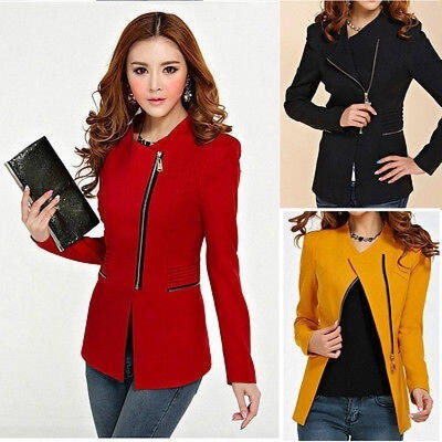 

Womens HOT Metal Zip Skinny Jackets long Sleeve Blazer Suit Coat Overcoat