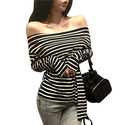 

Sexy Temperament Slash Neck Lace Long-sleeved T-shirt Slim Solid Color Striped T-shirt