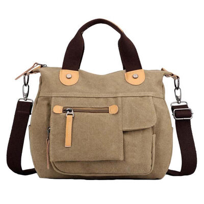 

Vintage Solid Color Multi Pocket Women Zipper Tote Crossbody Shoulder Canvas Bag