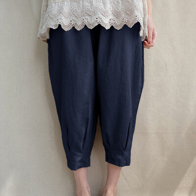

Tailored Women Cotton Linen Solid Color Belt Pocket Nine Points Casual Harem Pants