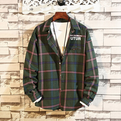 

Toponeto Men Casual Autumn&Winter Plaid Letter Printed Long Sleeve Shirt Loose Blouse