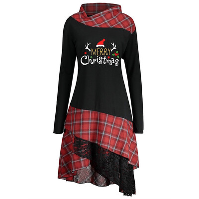 

Tailored Womens Merry Christmas Print Lace Plaid Panel Loose Long Tops Tunic Blouse