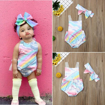

US Toddlers Baby Girls Kids Lace Rainbow Romper Playsuit Headband Outfit Clothes