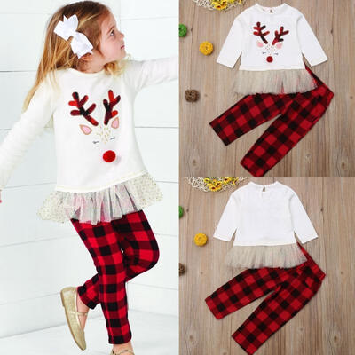 

Toddler Kids Baby Girls Deer Print Tops T shirtPlaid Pants 2pcs Outfits Set