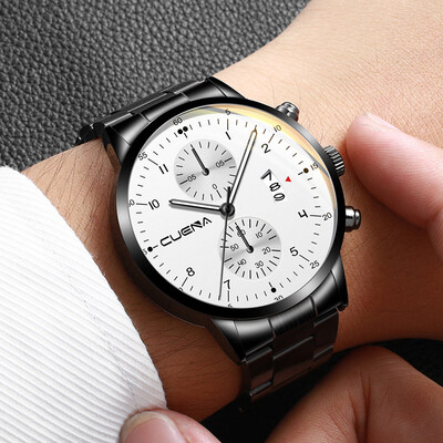 

Gobestart CUENA Mens Business Steel Belt Watch Three Eyes Calendar Quartz Watch