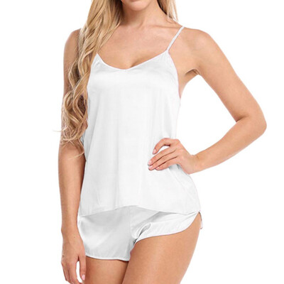 

Women V-neck Lace Pajamas Sexy Simulation Silk Lace Sleeveless TopsRomantic Shorts Two Sets