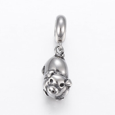 

304 Stainless Steel European Beads Large Hole Pendants Pig Antique Silver 27mm 165x8x75mm Hole 5mm