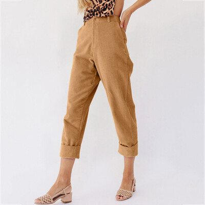 

Women Fashion Solid Corduroy Full Length Button Fly Pants With Pocket