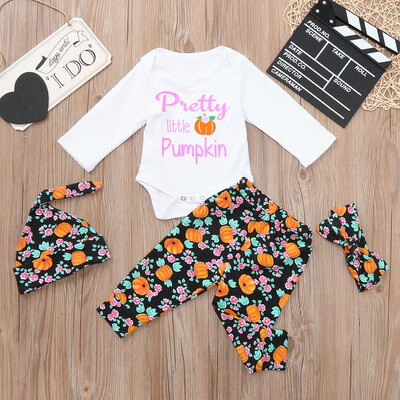 

4Pcs Toddler Infant Baby Girls Boys Letter Pumpkins Romper Halloween Outfits Set