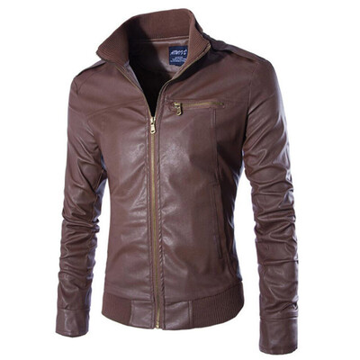 

Gobestart Mens Autumn Winter Casual Long Sleeve Solid Stand Zipper Leather Jacket Top