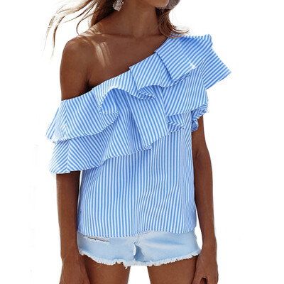 

Women Sweet Loose Off-The-Shoulder Backless Irregular Ruffled Striped Blouse Sexy Strapless Tops