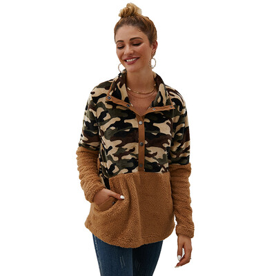 

Women Plush Sweater Zipper Camouflage Stitching Long Sleeve Casual Warm Winter Autumn Loose Tops