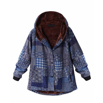 

Roseonmyhand Women Winter Loose Cotton Warm Printed Pockets Thicker Hasp Hooded Coat Outwear
