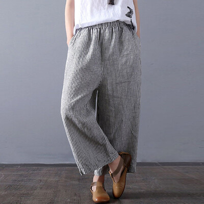 

Women Hight Waisted Hole Linen Stripe Plue Size Loose Long Pants Length Jeans