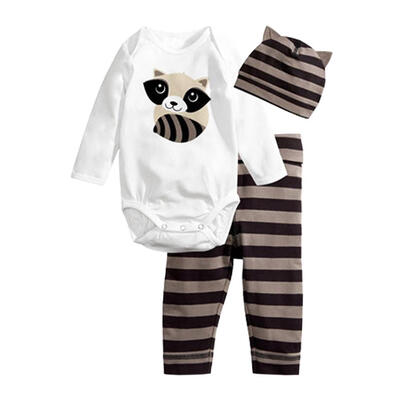

Cute Animal Clothes Set 3pcs Long Sleeve Baby Rompers Stripe Pants Hat Suit