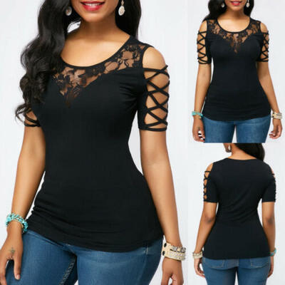 

Womens Casual Cold Shoulder Lace Slim T-Shirt Top Ladies Sleeveless Tops Blouse