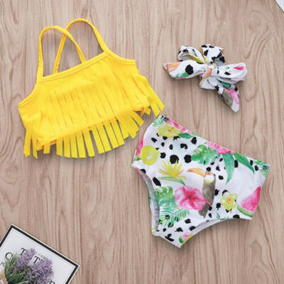 

Newborn Baby Girls Swimwear Suit Tops Pants Headband Outfits Bathing Three-Piece