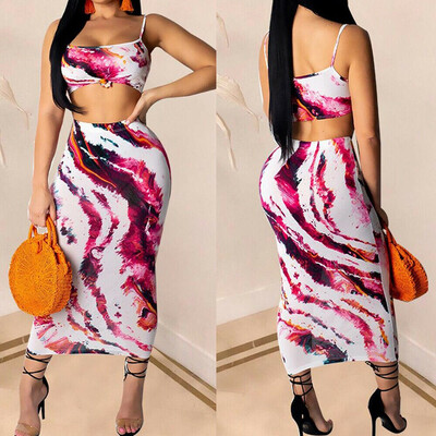

Womens Tie Dye Knotted Crop Top & Sllinky Skirt Set Ladies Dresses Sundress