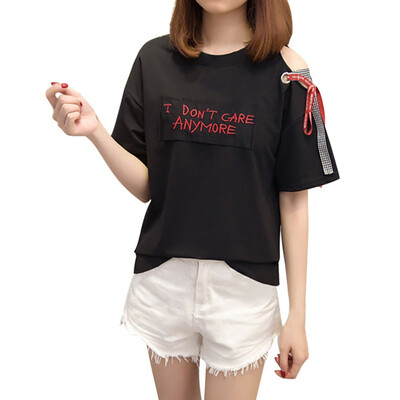 

Womens O-Neck Cold Shoulder Letter Embroidery Short Sleeve Lace Up Appliques Pullover T-Shirt
