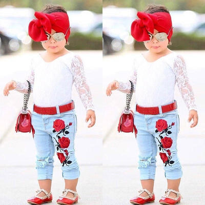 

Newborn Kids Baby Girls 3D Flower Lace Tops Denim Hot Pants Outfits Set Clothes