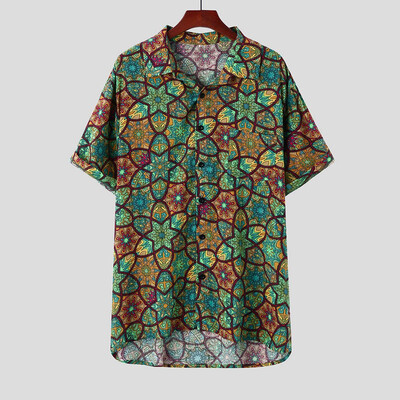 

Tailored Mens Ethnic Printed Stand Collar Colorful Stripe Short Sleeve Loose Shirt