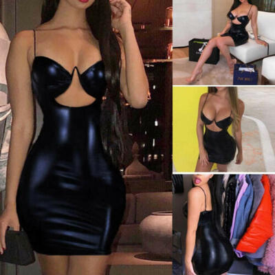 

Sexy Women PVC Faux Leather Wet Look Mini Bodycon Dress Bra Hollow Clubwear