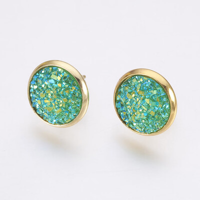 

Resin Stud Earrings with Golden Tone 304 Stainless Steel Findings Flat Round Druzy Resin MediumSpringGreen 14515mm Pin 0