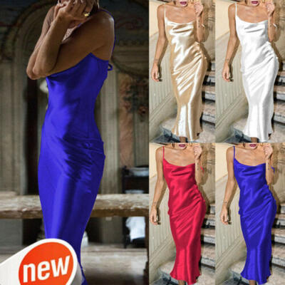 

Frauen Maxi Boho Satin Sommer Strand langes Kleid Abend Cocktail Party Sun Dress