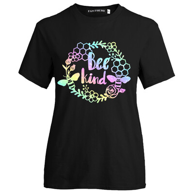 

Women Casual Bee Printed T-Shirt Summer Short Sleeve Letter Printing Bee Kind Tee Shirt Tops