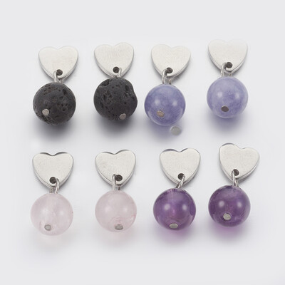 

Natural Mixed Stone Beads Ear Studs with 304 Stainless Steel Findings Heart&Round 20mm Pin 07mm