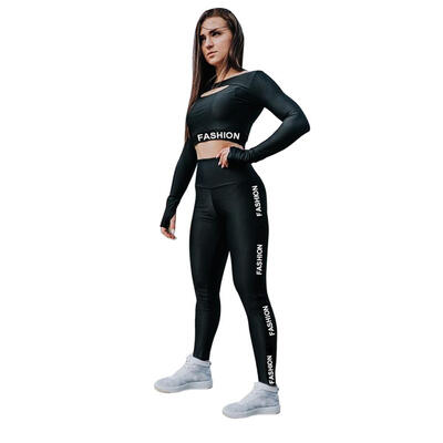 

2pcsset Sexy Women Letter Print Hollow Long Sleeve Running Yoga Pants Tops